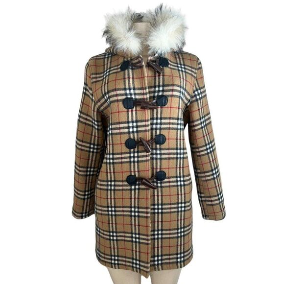 Authentic Vintage BURBERRY Beige Nova Check Wool Hooded Peacoat Size L - Picture 2 of 16